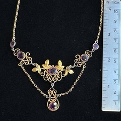 Vintage 12K GF Art Nouveau Revival Festoon Necklace Purple Glass Ivy Leaves