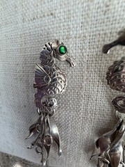 Vintage Seahorse Dangle Earrings Silver Tone Green Eyes 3in Drop Animal