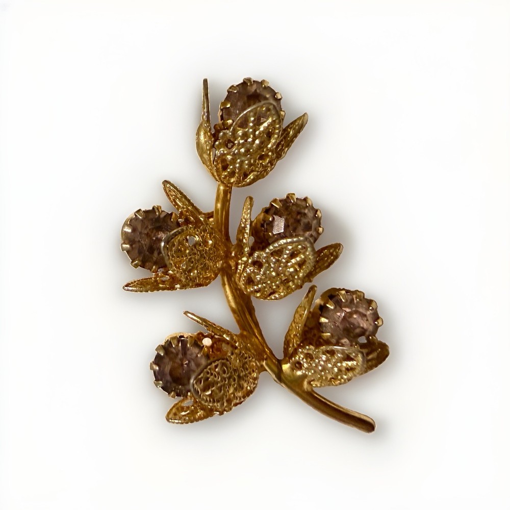 Vintage Gold Tone Lavender Rhinestone Floral Spray Brooch Filigree Flower Pin
