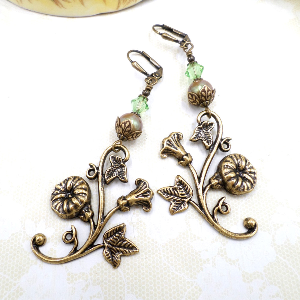 Art Nouveau Floral Brass Earrings Green Crystal Dangle Leverback Vintage Style