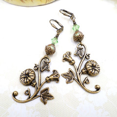Art Nouveau Floral Brass Earrings Green Crystal Dangle Leverback Vintage Style