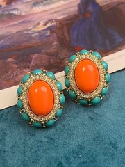 Vintage Coral Cabochon Clip On Earrings Turquoise Rhinestone Statement Jewelry