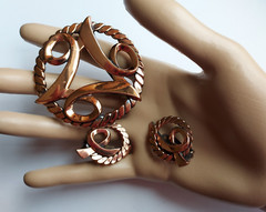 Copper Jewelry Set Modernist Pin Earrings Mid Century Abstract Design Vintage