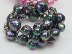 3 Vintage Beaded Stretch Cuff Bracelets Lot Pink Iridescent Rhinestone