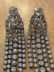 Vintage Huge Prong Set Rhinestones Chandelier Dangle Drop Clip On Earrings