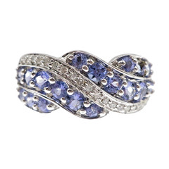 Classic 14k Solid White Gold Natural Tanzanite and Diamond Band Ring Size 7
