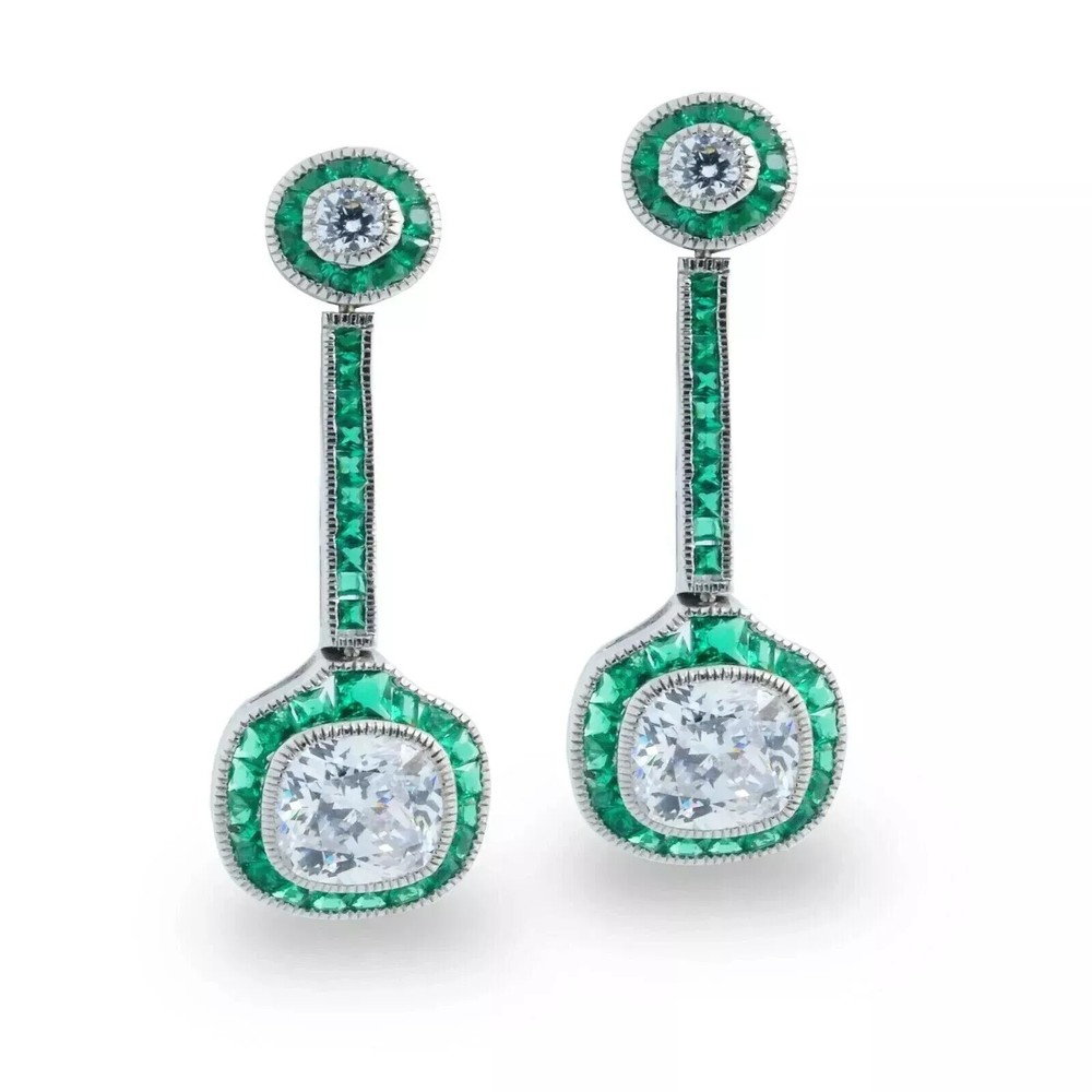 Round Cut Lab Created Emerald Diamond Antique New Earring 14K White Gold Finish