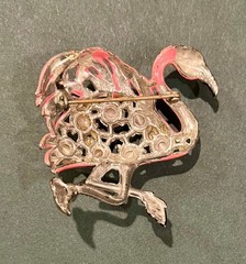 VTG Pot Metal Brooch Bird Pink Enamel Moonglow Rhinestone Silver Tone Flamingo