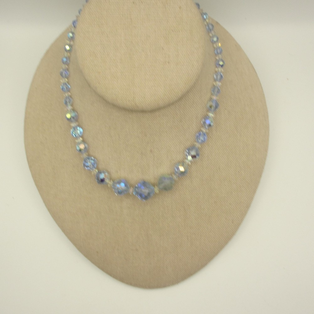 Vintage AB Necklace Glass Blue Choker Collar 15 Inch