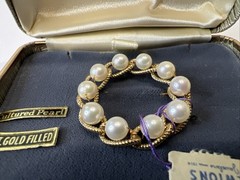 Vintage Jewelry—Brooch 12K GF Cultured Pearl Round Pin NEW In Box Newtons USA