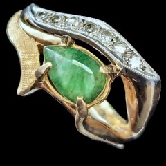 Vintage 1960s Jade Diamonds 14k Yellow White Gold Statement Ring Retro Mid Cent.