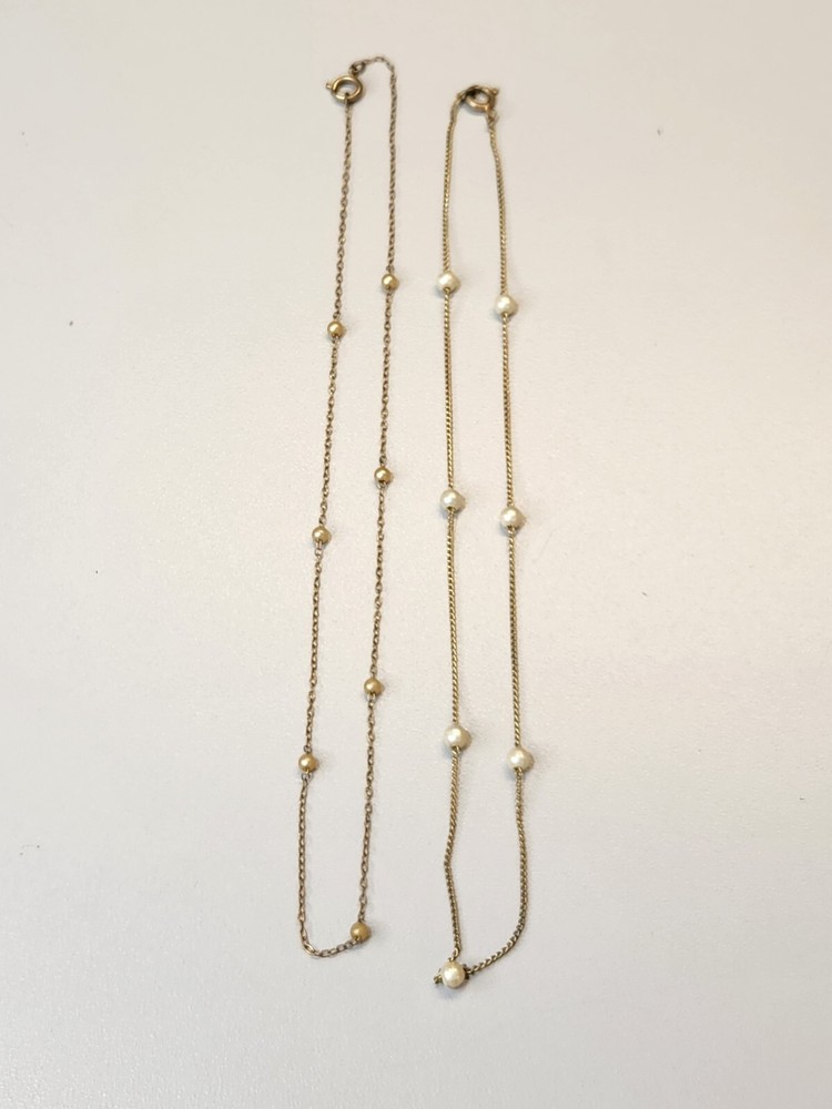 Lot of 2 Vintage Faux-Pearl Necklace Gold Tone Chain Spring Ring