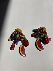 Vintage 80s Wooden Fruit Cluster Clip On Earrings Watermelon Strawberry Novelty⁠