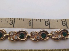 Vtg Green And Clear Rhinestone Necklace Bracelet Set Gold Tone Fold Over Clasp