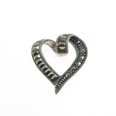 925 Sterling Silver Vintage Real Marcasite Gemstone Open Heart Slide Pendant