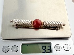 Vintage NR Signed Sterling Silver and 14kt Gold Carnelian Bead Bar Brooch Pin