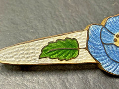 ANTIQUE BLUE WHITE GREEN GUILLOCHE FLORAL 2.5″ BAR BROOCH N389