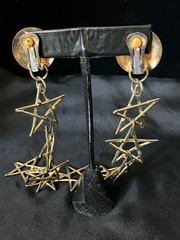Vintage Shoulder Duster Earrings Gold Tone Open Star Link Dangles 6″ Clip On