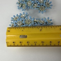 MCM Plastic Earrings Climbers Half Moon Clip On Blue Floral Rhinestone 3” Vtg