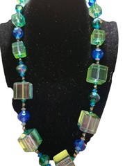 Vintage Vendome Mod Lucite Cube Swarovski Crystal Necklace Blue Green 1960s Coro