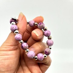 VTG Jilzara Y2K Purple Floral Polymer Clay Bead Stretch Bracelet Silver Accents