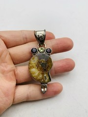 Vintage Sterling Silver 925 Peridot Smoky Topaz Gemstone Ammonite Fossil Pendant
