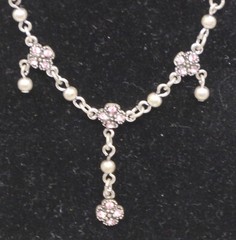 L – VINTAGE 1928 NECKLACE WITH PINK STONES, DANGLE, 17 INCHES