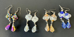4 PAIR OF LONG CRYSTAL, DANGLING VINTAGE PIERCED EARRINGS, 2 5/8″