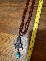 VTG Chinese Carnelian? Coral? Beaded Double Necklace Silver Pendant Turquoise