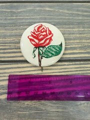 Vintage Red Rose Round Metal Pinback Button 2.25” With Green Leaf Design On Whit