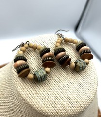 Vintage 1990s Boho Hoop Earrings Wood Metal Beads Earth Tones Limited Express