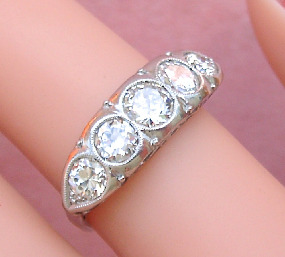 ANTIQUE ART DECO 1.35 ctw OLD DIAMOND PLATINUM 5-STONE COCKTAIL RING 1930 sz 5.5