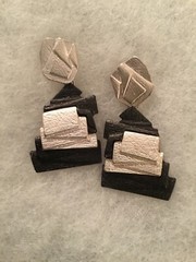 Contemporary/Abstract/Modern Matte Silver Tone-Black Dangle Pierced Earrings-2″