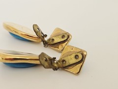 Vintage Artisan Gold Plated with Blue Ceramic Pottery Teardrop Clip On Earrings