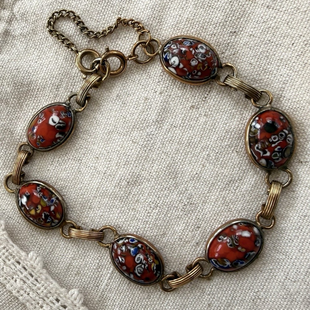 Vintage Italian Millefiori Glass Bracelet Red Mosaic Link Safety Chain