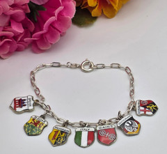 Vintage 800 Silver Enamel Travel Shield Charm Bracelet Germany Italy ANTIKO 7″