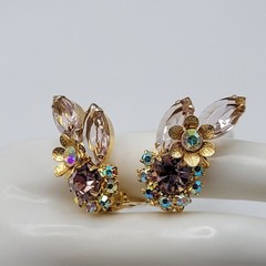 Glamorous AB Crystal Flower Floral Pale Rhinestone Climber Vtg Clip On Earrings