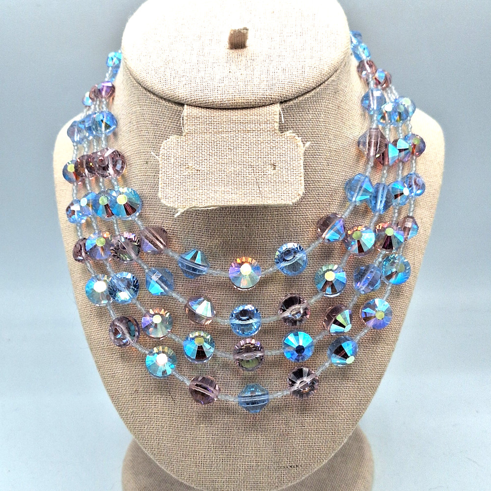 Vendome Pastel Pink Blue AB Faceted Crystal Glass Bead Four Strand Necklace