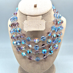 Vendome Pastel Pink Blue AB Faceted Crystal Glass Bead Four Strand Necklace