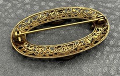 Vintage 1928 Brand Gold Tone Filigree Oval Brooch Etruscan – Victorian Style