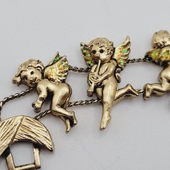Cherub Angels Iridescent Glitter Wings Gold Tone Vtg Slide Bracelet 7.5 Inch