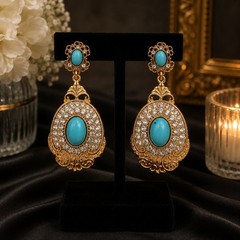 Vintage Gold Tone Turquoise Statement Drop Earrings with Rhinestone Accents