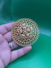Vintage 1960’s Round Reticulated Domed Russian Gold Tone Runway Statement Pin 3″