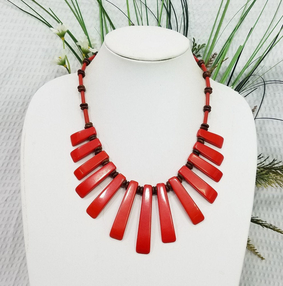 Vintage Boho Ethnic Tribal Style Red & Brown Spear Sunburst Bib Necklace