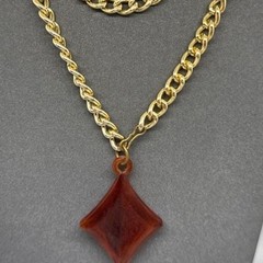 Chunky Lightweight Gold Tone Chain Necklace Orange Novelty Pendant Vtg