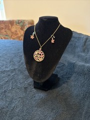 Enameled Floral Gold Tone Necklace with Earrings Set Vintage Jewelry