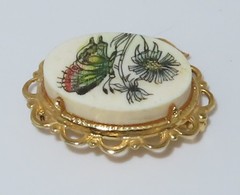 VTG Colored Scrimshaw Brooch: “JJJ 1/20 12KGF”, Butterfly, Flower, Gold Trim