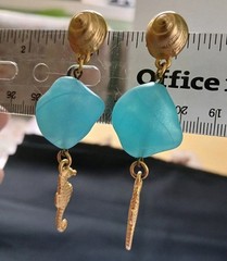 Vintage Gold Tone Seahorse Dangle Earrings Blue Sea Glass Bead Summer Jewelry