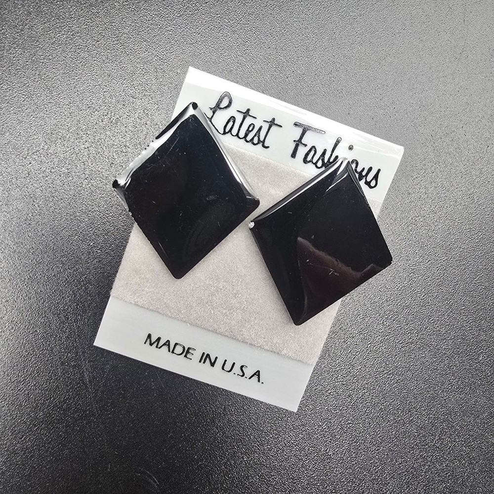 Black Enamel Diamond Shape Stud Earrings Vintage 1980s NOS On Card
