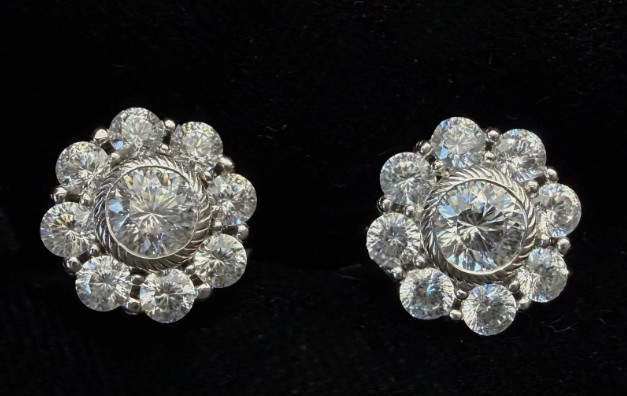 Judith Ripka 925 Sterling Flower CZ Cluster Round Earrings JR case bag Pierced